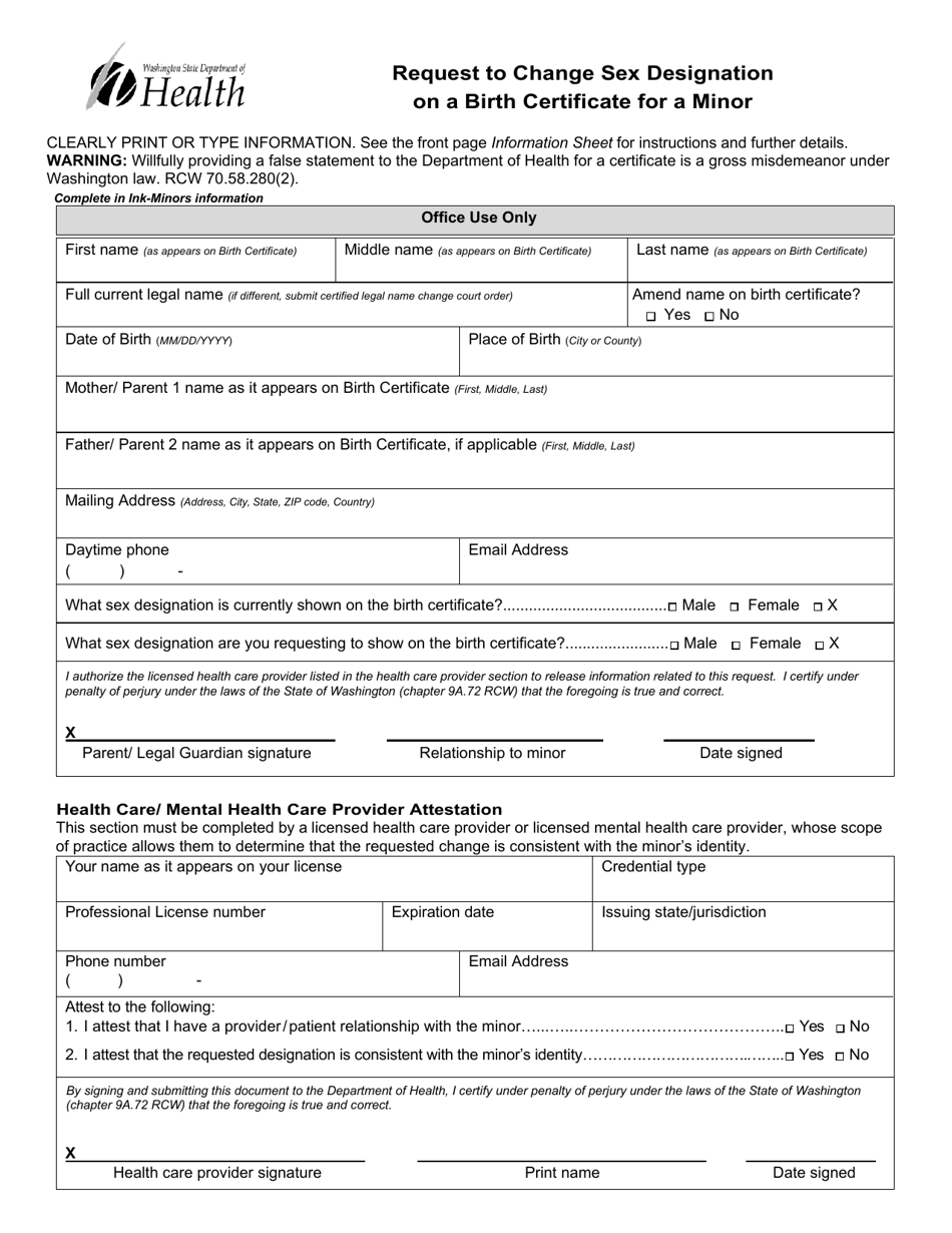 DOH Form 422-144 Request to Change Sex Designation on a Birth Certificate for a Minor - Washington, Page 2