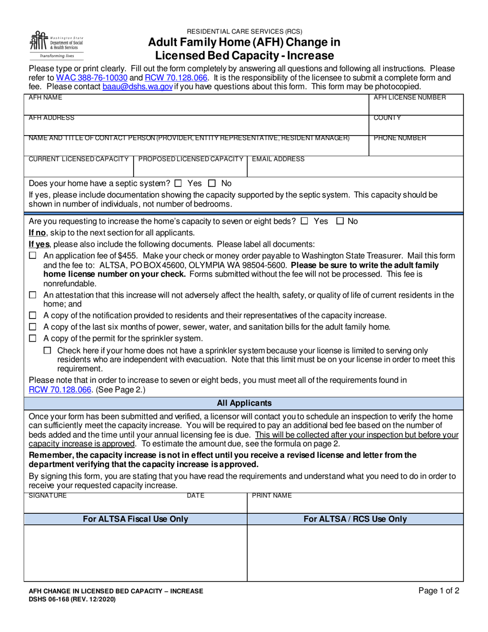 DSHS Form 06-168 Adult Family Home (Afh) Change in Licensed Bed Capacity - Increase - Washington, Page 1