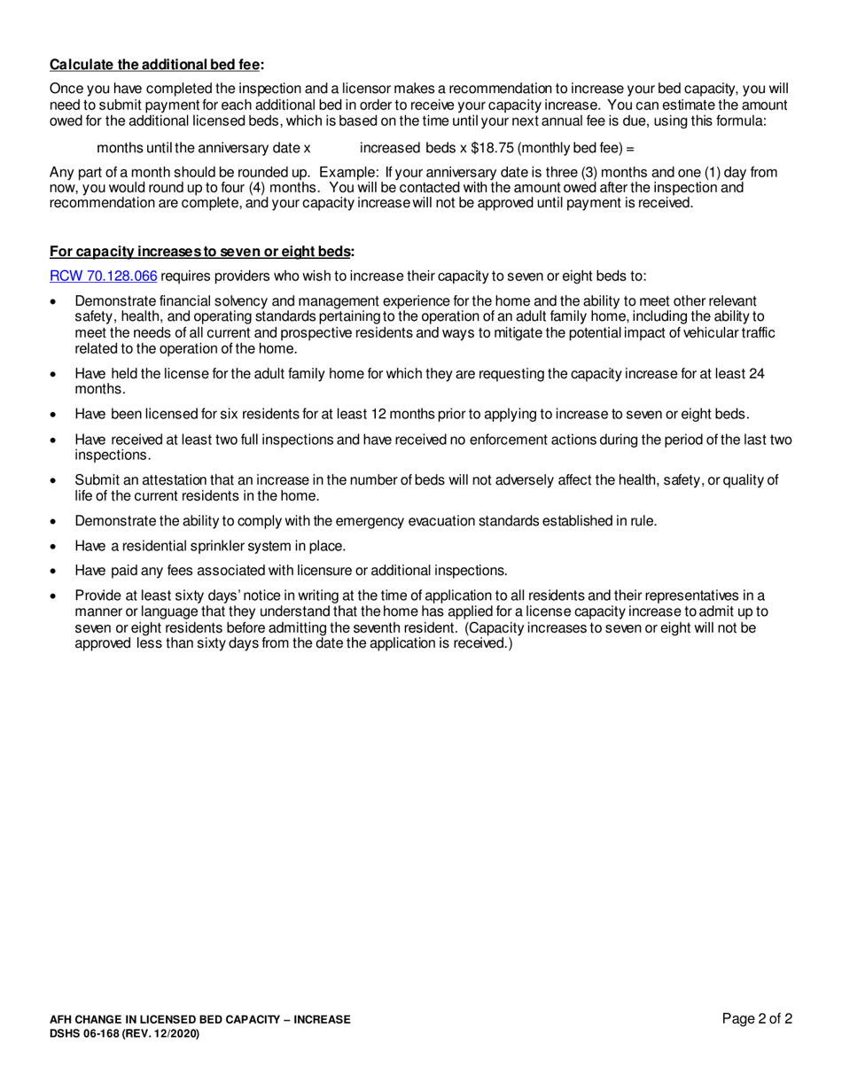 DSHS Form 06-168 Adult Family Home (Afh) Change in Licensed Bed Capacity - Increase - Washington, Page 2