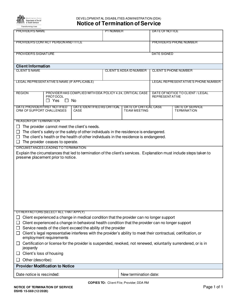 DSHS Form 15-569 Notice of Termination of Service - Washington, Page 1
