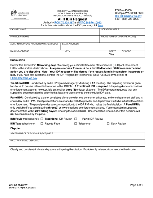 DSHS Form 27-179 Adult Family Home (Afh) Informal Dispute Resolution (Idr) Request - Washington