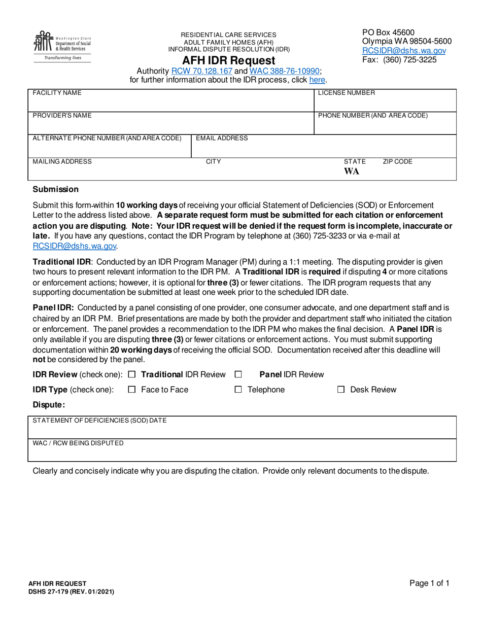 DSHS Form 27-179 Adult Family Home (Afh) Informal Dispute Resolution (Idr) Request - Washington, Page 1