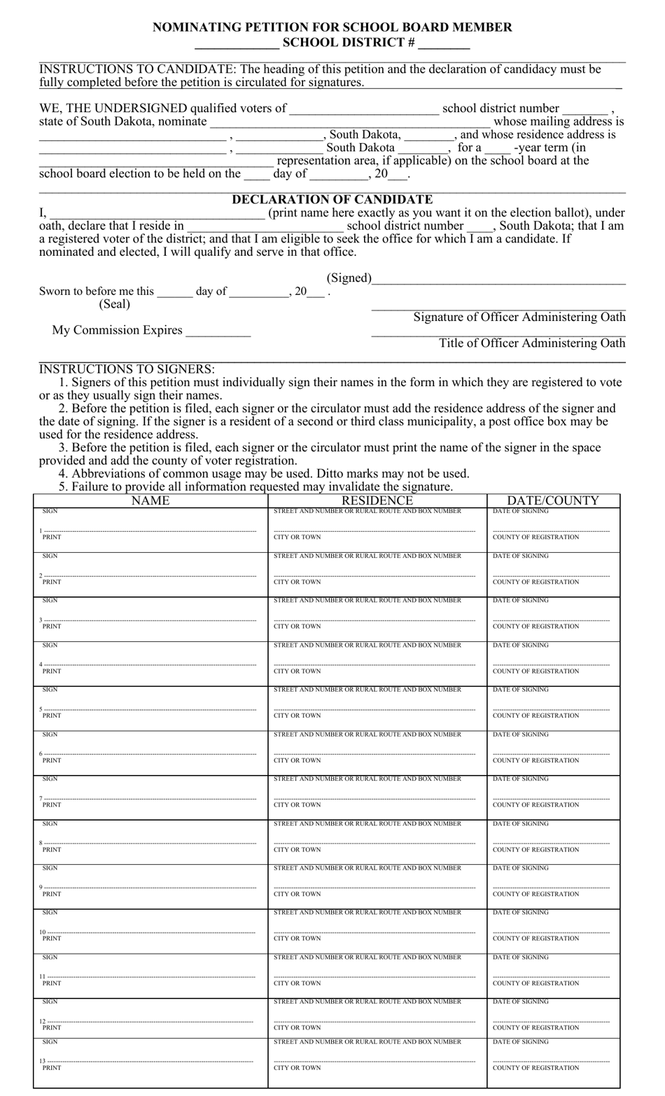 Nominating Petition for School Board Member - South Dakota, Page 1