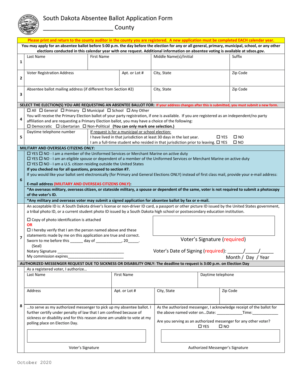 South Dakota Absentee Ballot Application Form - South Dakota, Page 1