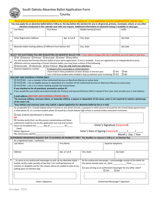 South Dakota Absentee Ballot Application Form - South Dakota Download Pdf