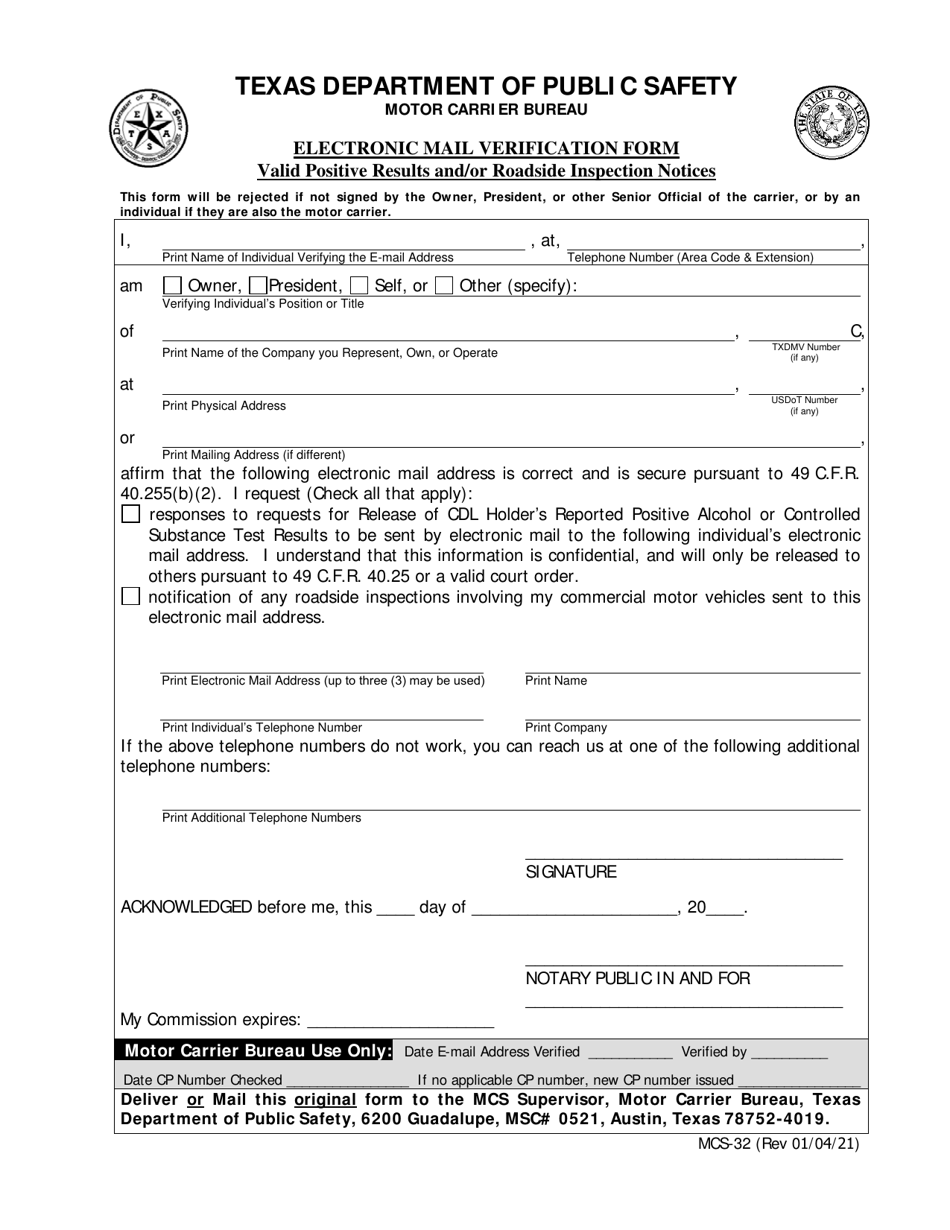 Form MCS-32 Electronic Mail Verification Form - Texas, Page 1