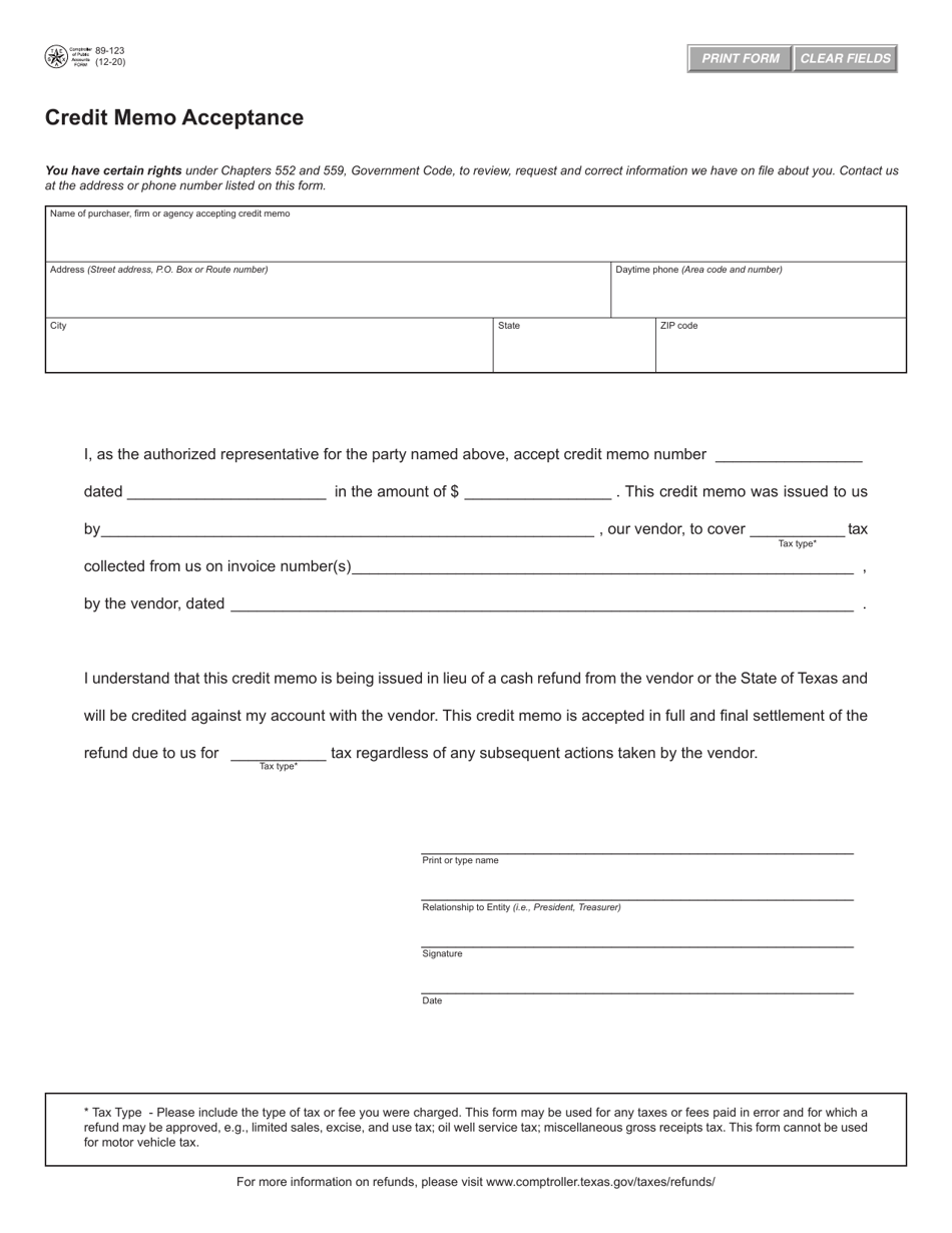 Form 89-123 Credit Memo Acceptance - Texas, Page 1