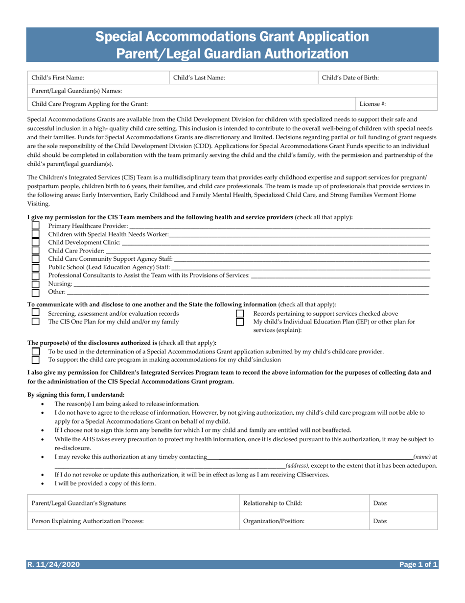 Special Accommodations Grant Application Parent / Legal Guardian Authorization - Vermont, Page 1