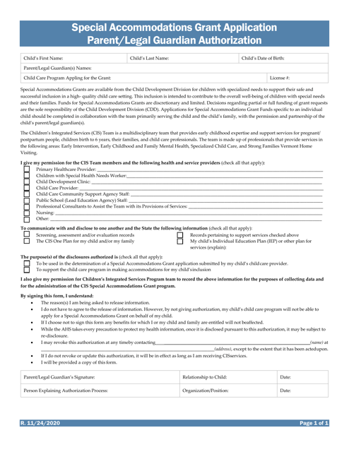 Special Accommodations Grant Application Parent / Legal Guardian Authorization - Vermont Download Pdf