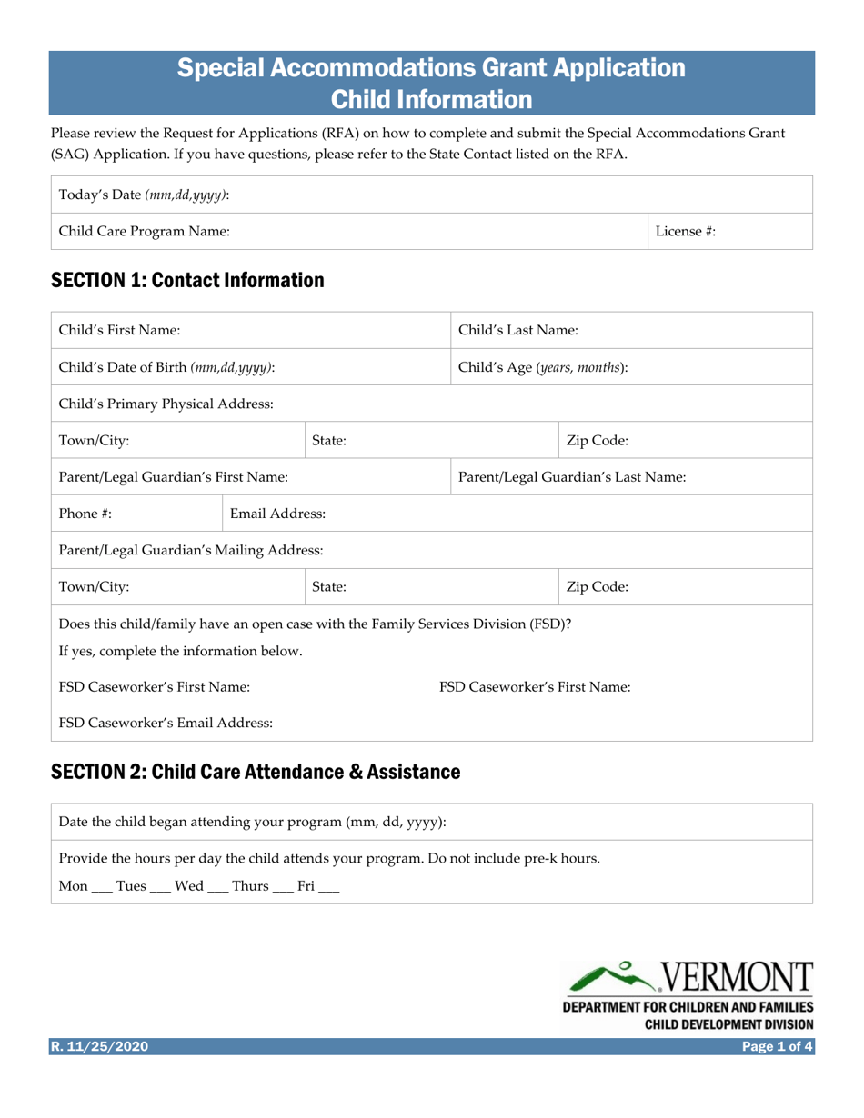 Special Accommodations Grant Application Child Information - Vermont, Page 1
