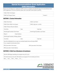 Document preview: Special Accommodations Grant Application Child Information - Vermont