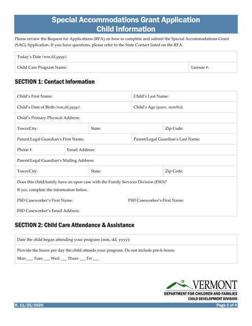Special Accommodations Grant Application Child Information - Vermont Download Pdf