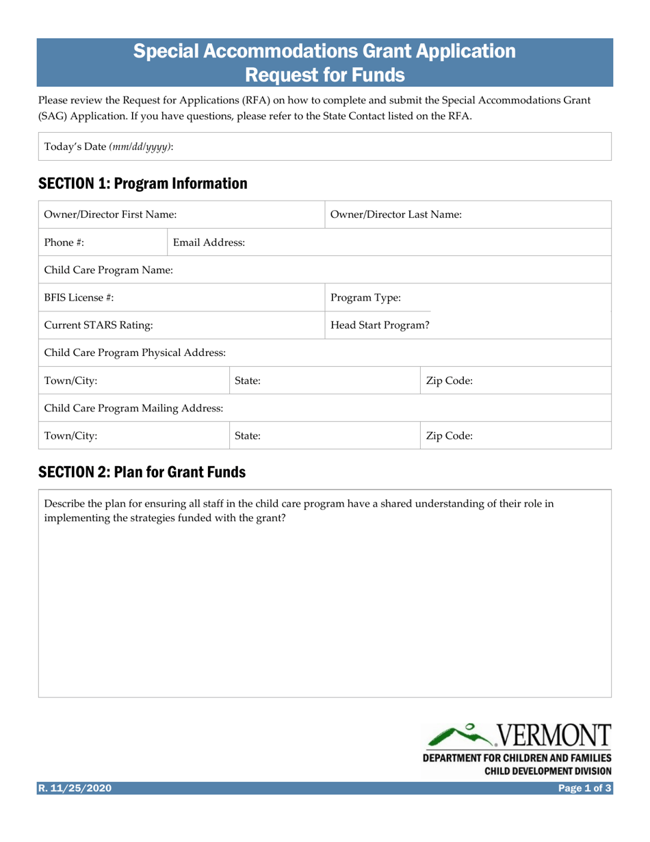 Special Accommodations Grant Application Request for Funds - Vermont, Page 1
