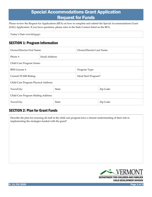 Special Accommodations Grant Application Request for Funds - Vermont Download Pdf