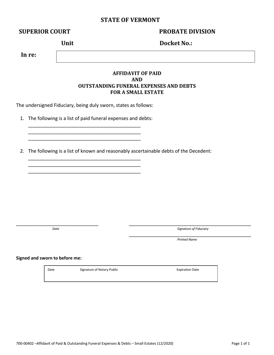Form 700-00402 Affidavit of Paid and Outstanding Funeral Expenses and Debts for a Small Estate - Vermont, Page 1