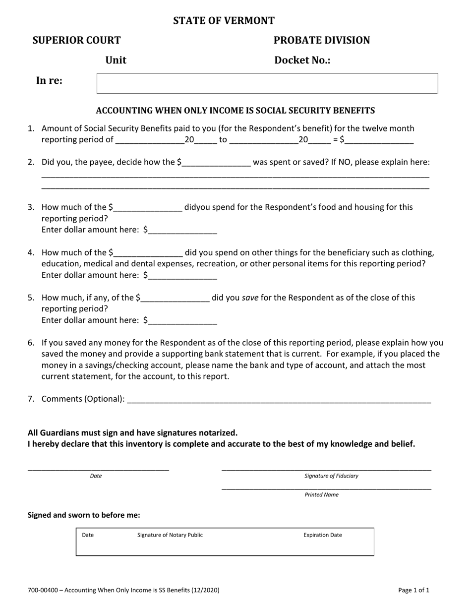 Form 700-00400 Accounting When Only Income Is Social Security Benefits - Vermont, Page 1