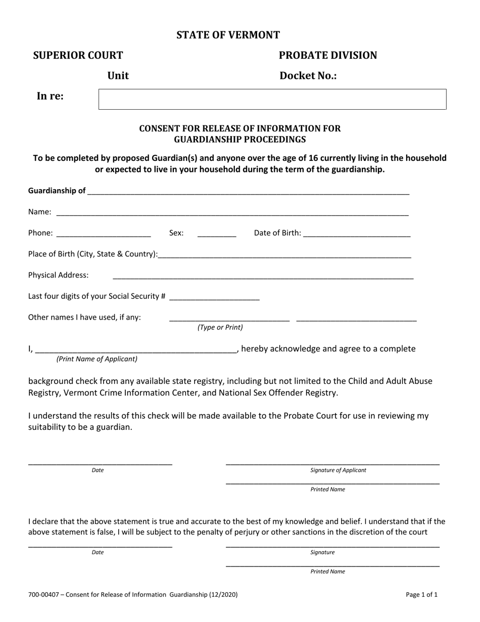 Form 700-00407 Consent for Release of Information for Guardianship Proceedings - Vermont, Page 1