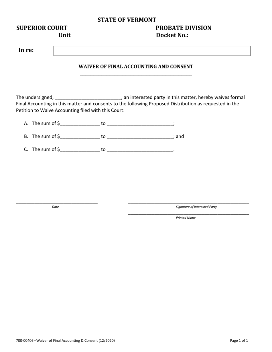 Form 700-00406 Waiver of Final Accounting  Consent - Vermont, Page 1