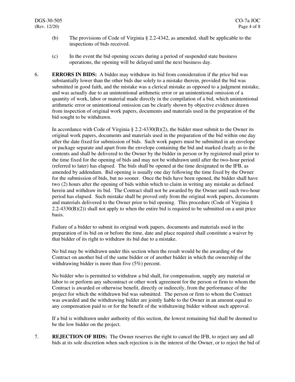 Form DGS-30-505 Instructions to Bidders for Job Order Contracting - Virginia, Page 4