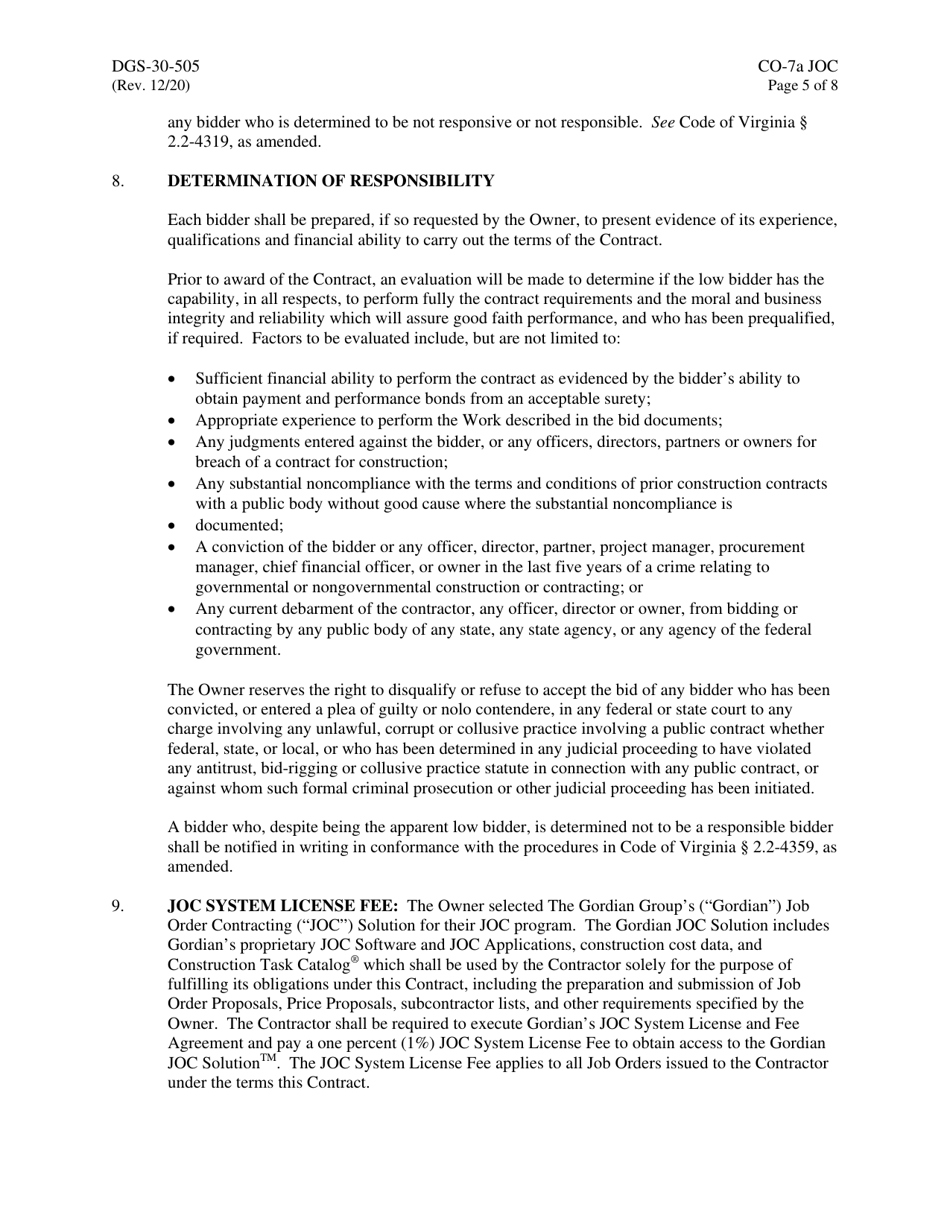 Form DGS-30-505 Instructions to Bidders for Job Order Contracting - Virginia, Page 5