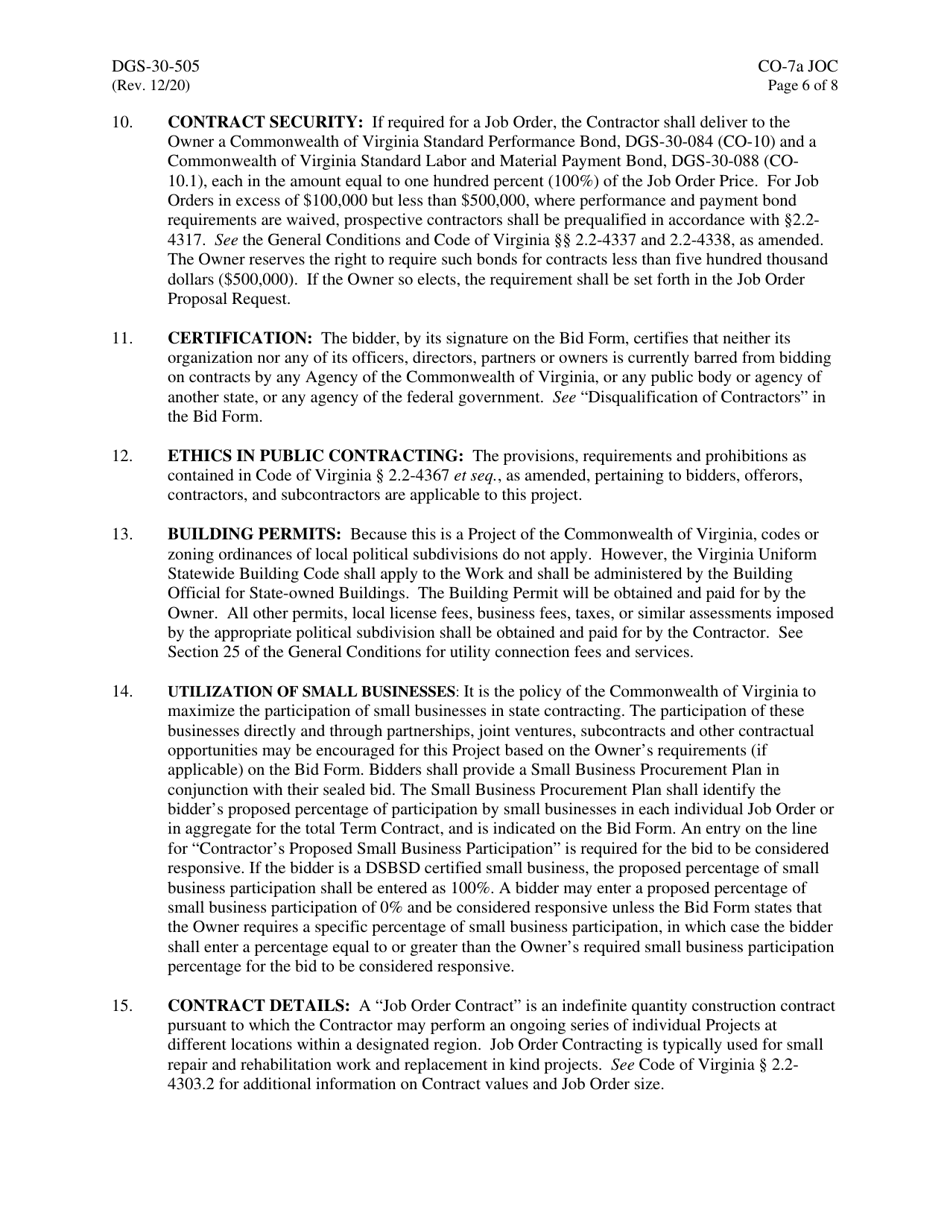 Form DGS-30-505 Instructions to Bidders for Job Order Contracting - Virginia, Page 6