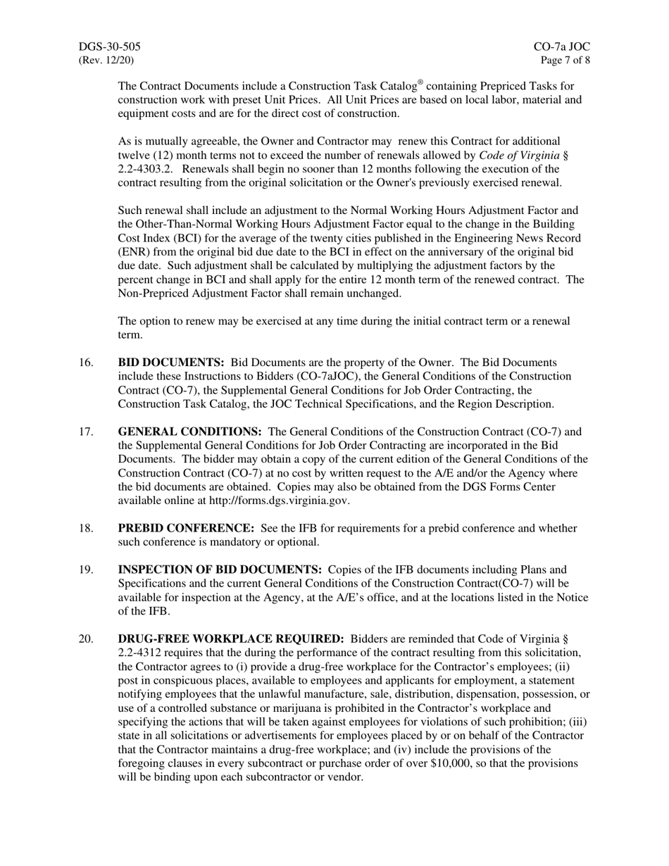 Form DGS-30-505 Instructions to Bidders for Job Order Contracting - Virginia, Page 7