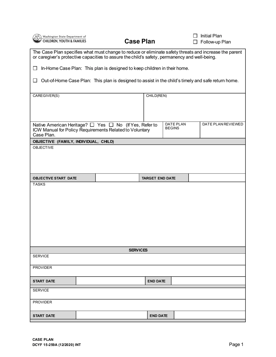 DCYF Form 15-259A Case Plan - Washington, Page 1