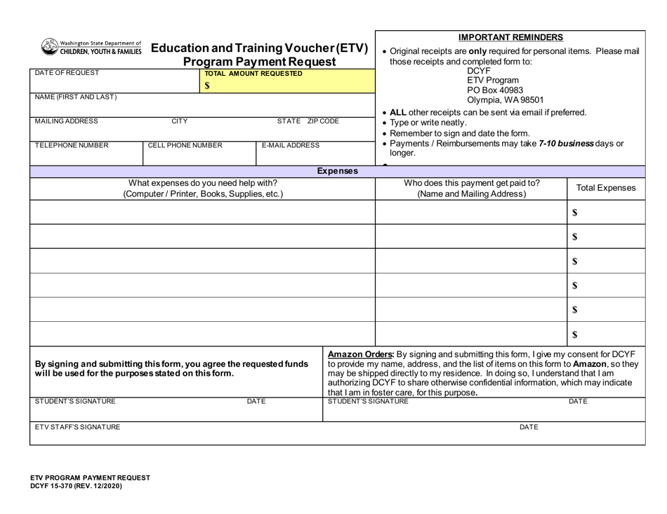 DCYF Form 15-370 Education and Training Voucher (Etv) Program Payment Request - Washington, Page 1