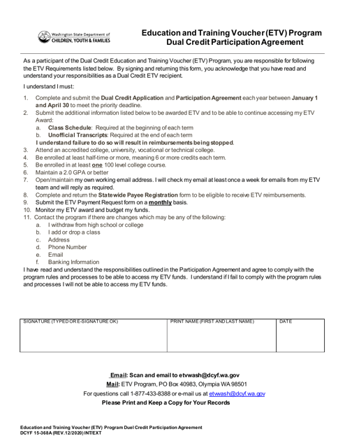 DCYF Form 15-368A Education and Training Voucher (Etv) Program Dual Credit Participation Agreement - Washington