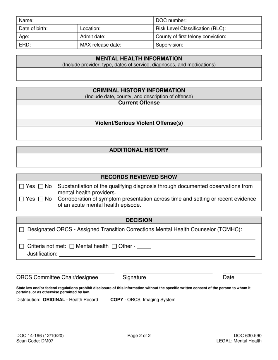Form DOC14-196 Offender Reentry Community Safety Program Summary and Committee Decision - Washington, Page 2