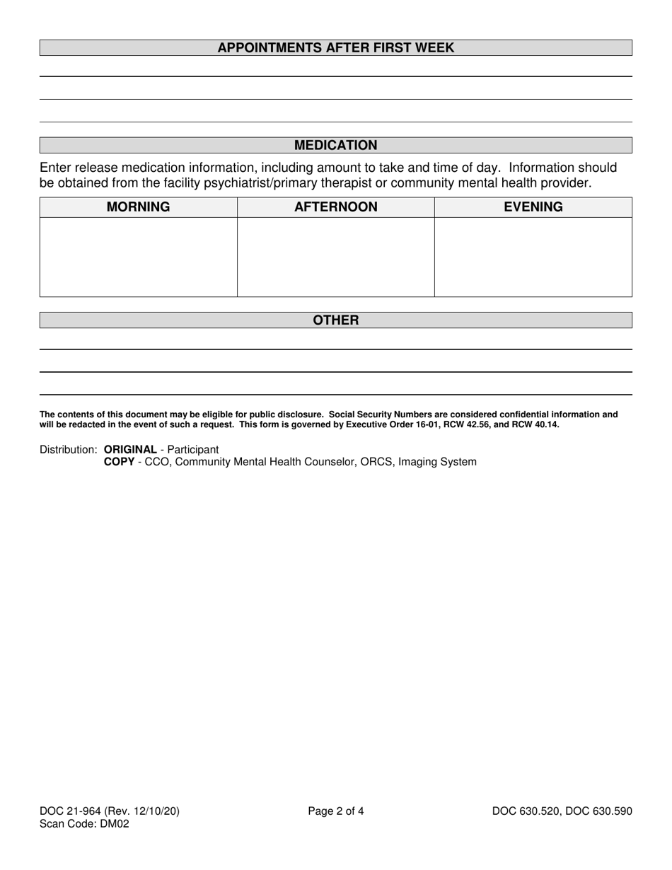 Form DOC21-964 Offender Reentry Community Safety Program Transition Plan - Washington, Page 2