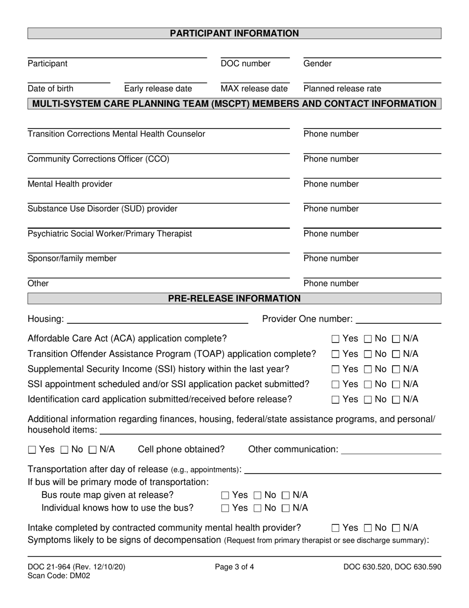 Form DOC21-964 Offender Reentry Community Safety Program Transition Plan - Washington, Page 3