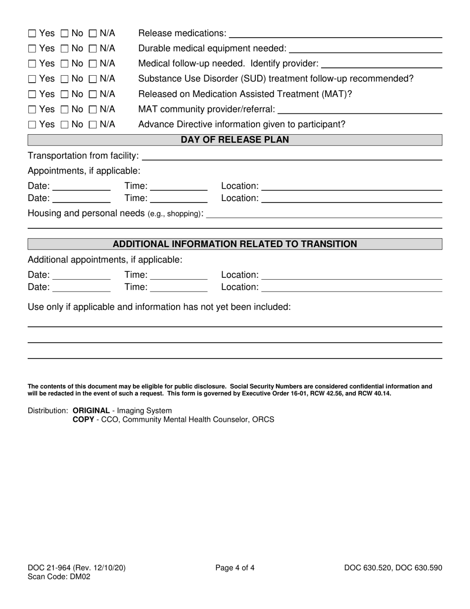 Form DOC21-964 Offender Reentry Community Safety Program Transition Plan - Washington, Page 4