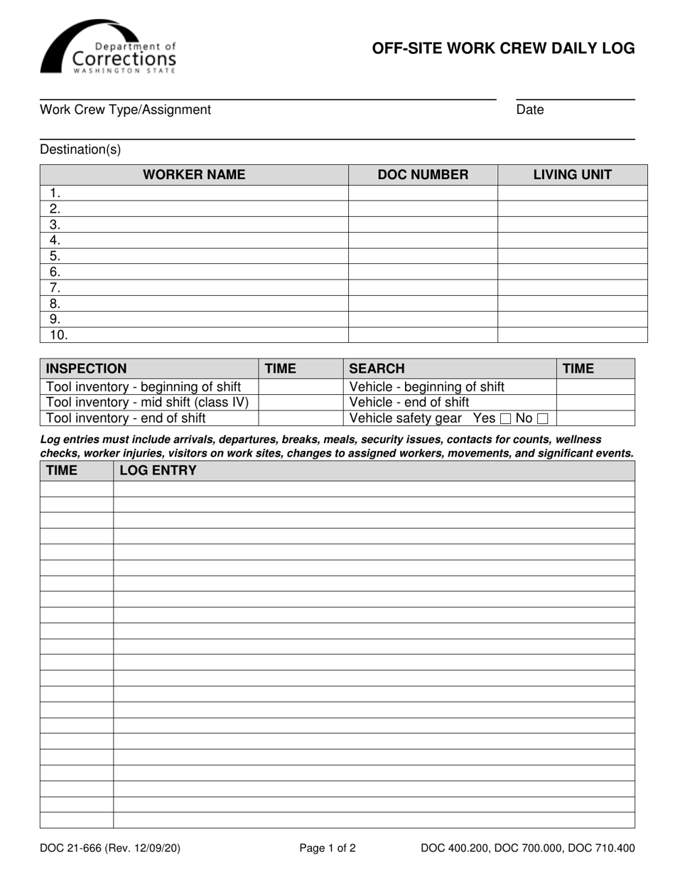 Form DOC21-666 Off-Site Work Crew Daily Log - Washington, Page 1