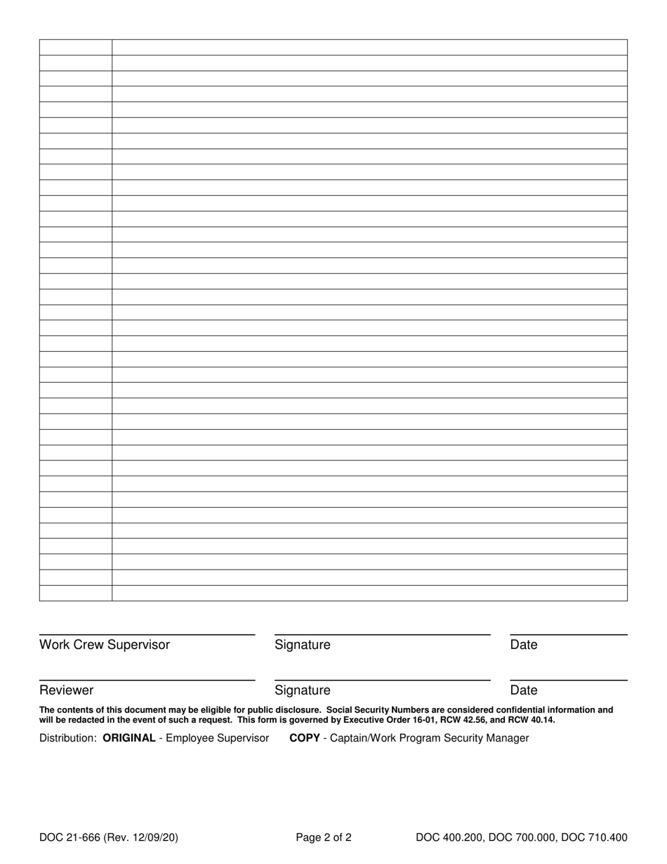Form DOC21-666 Off-Site Work Crew Daily Log - Washington, Page 2
