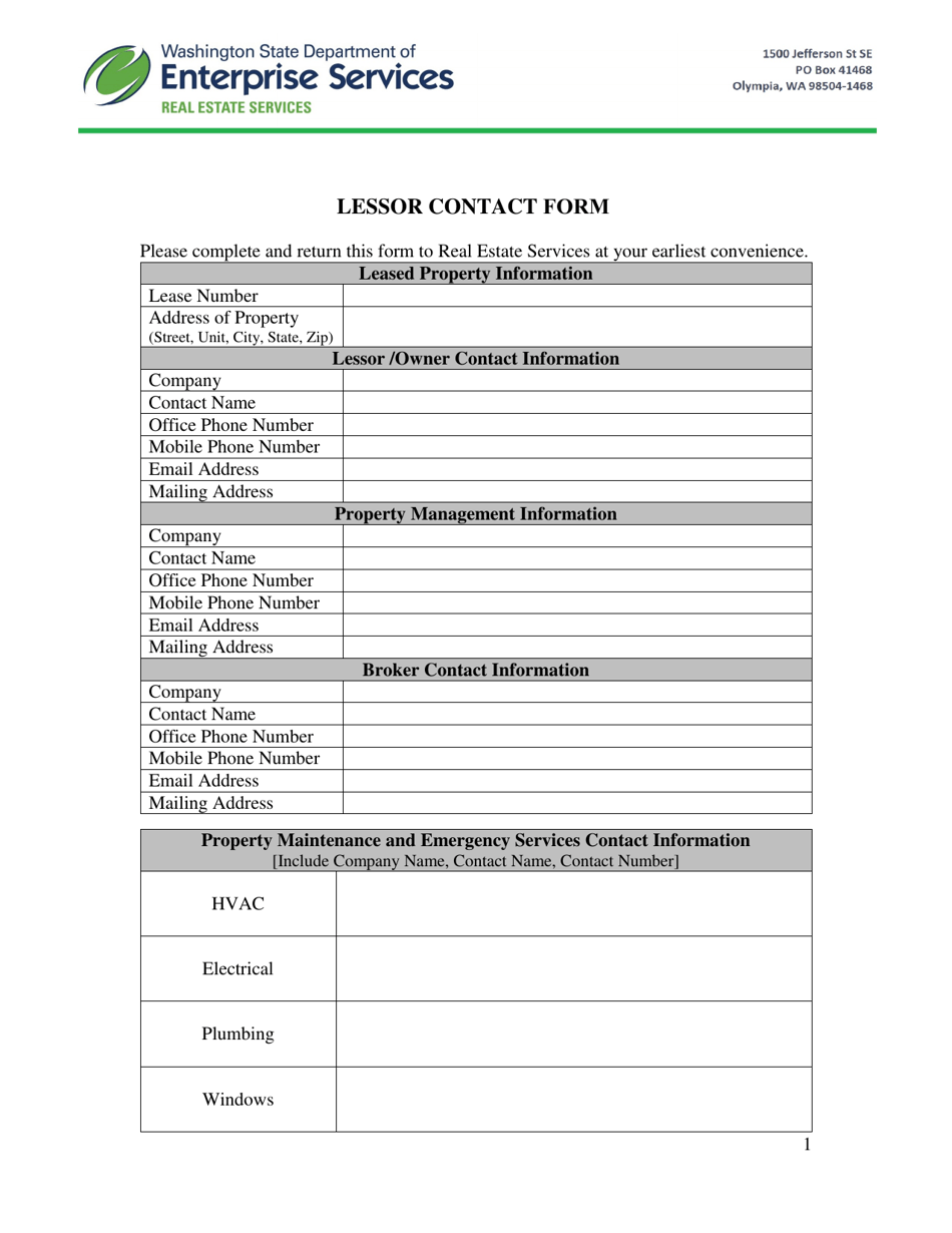 Lessor Contact Form - Washington, Page 1