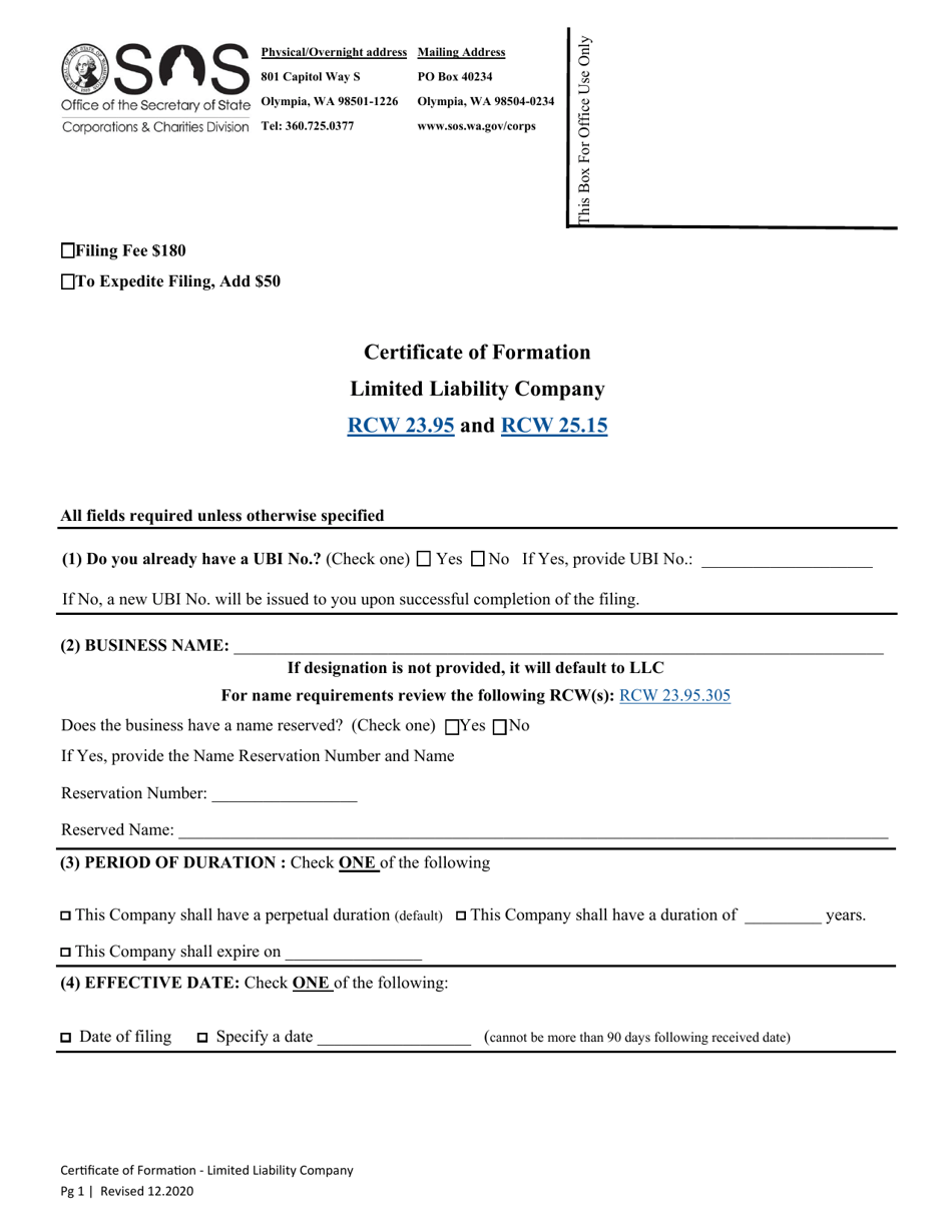 Washington Certificate Of Formation Limited Liability Company Download Fillable Pdf