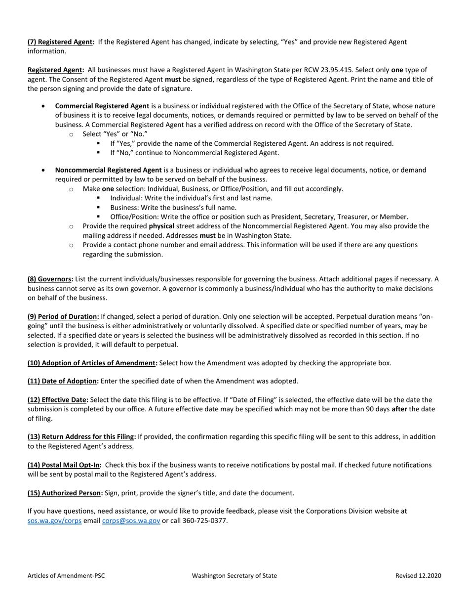 Articles of Amendment - Professional Service Corporation - Washington, Page 2