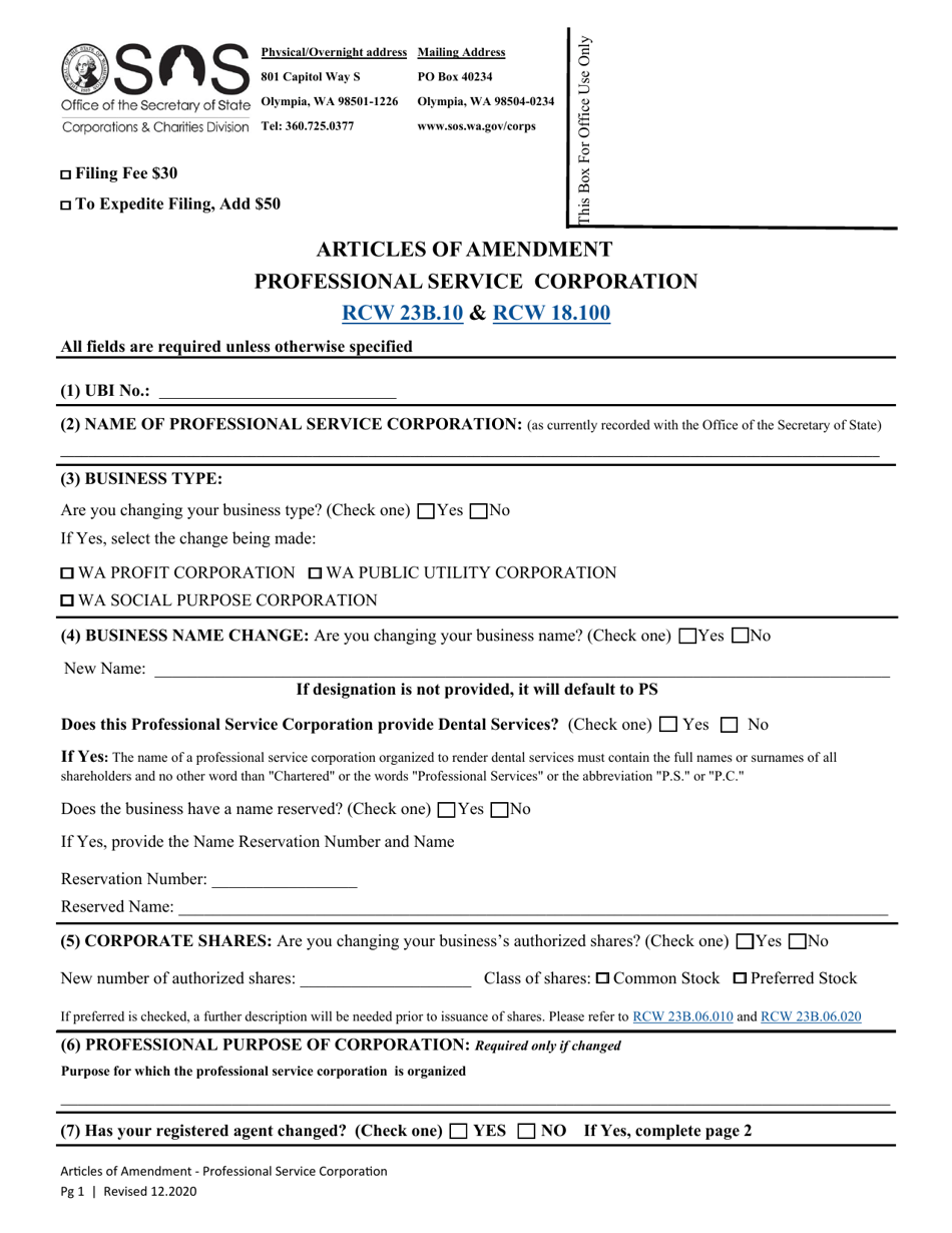 Articles of Amendment - Professional Service Corporation - Washington, Page 3