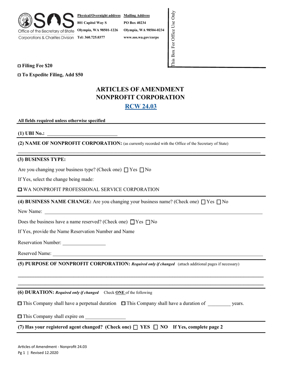 Articles of Amendment - Nonprofit Corporation - Washington, Page 3