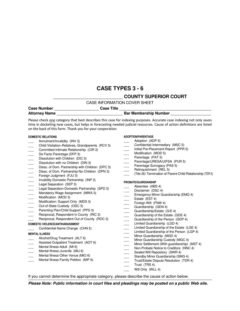 Cast Types 3-6 - Case Information Cover Sheet - Washington, Page 1