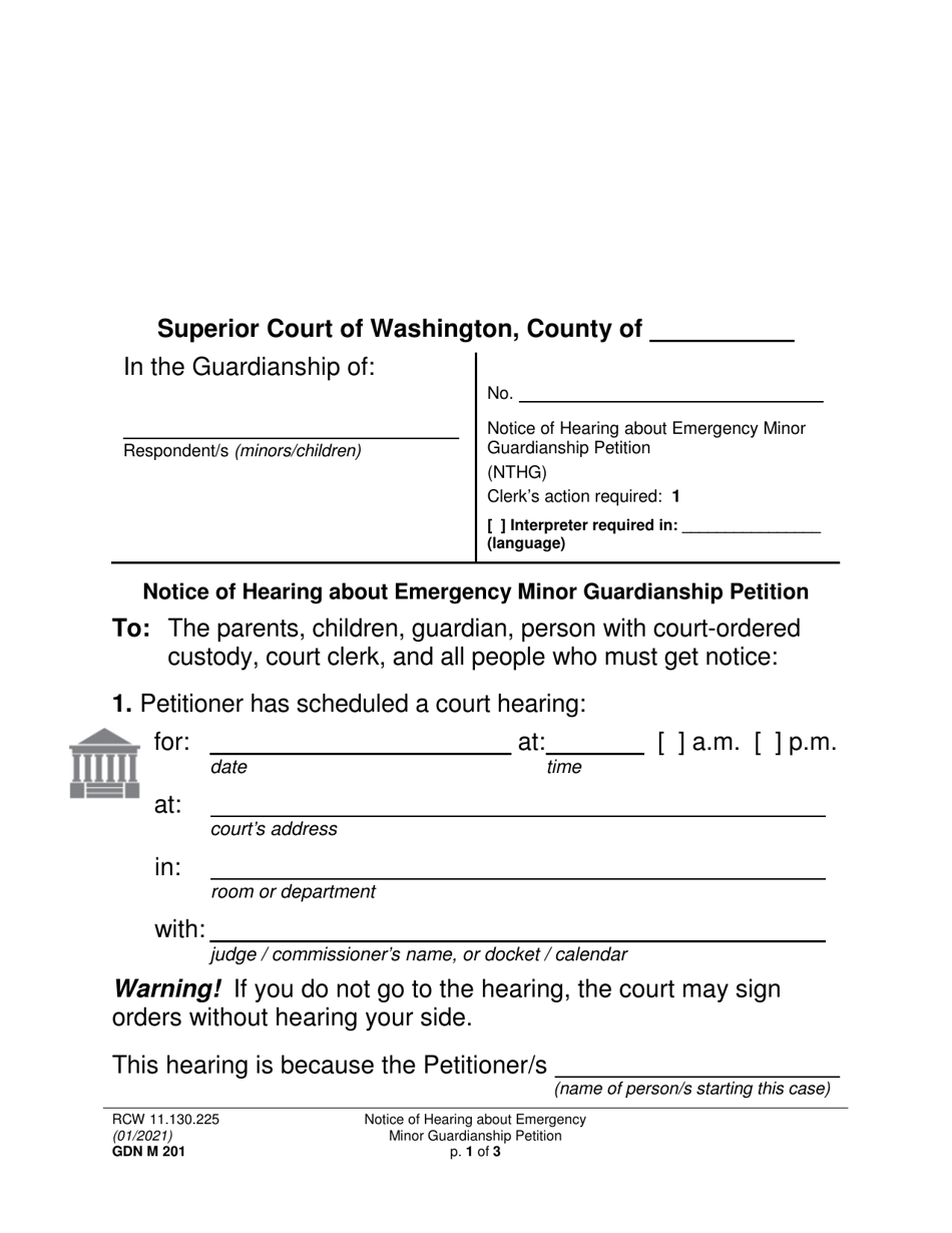 Form GDN M201 Notice of Hearing About an Emergency Minor Guardianship Petition - Washington, Page 1