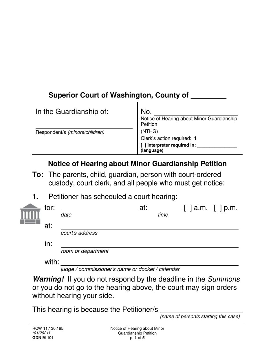 Form GDN M101 Notice of Hearing About Minor Guardianship Petition - Washington, Page 1
