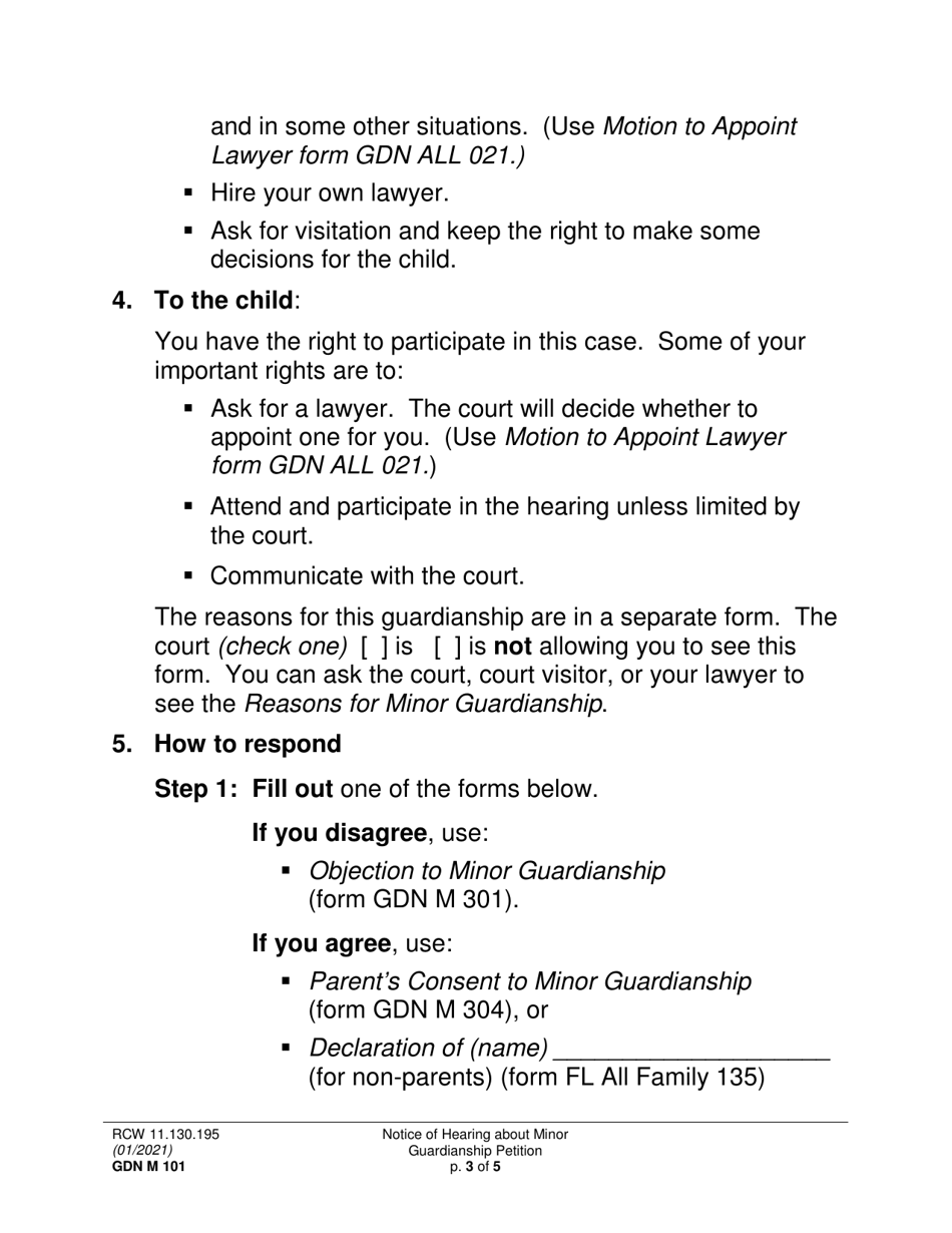 Form GDN M101 Notice of Hearing About Minor Guardianship Petition - Washington, Page 3