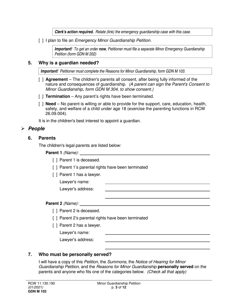 Form GDN M102 Minor Guardianship Petition - Washington, Page 3