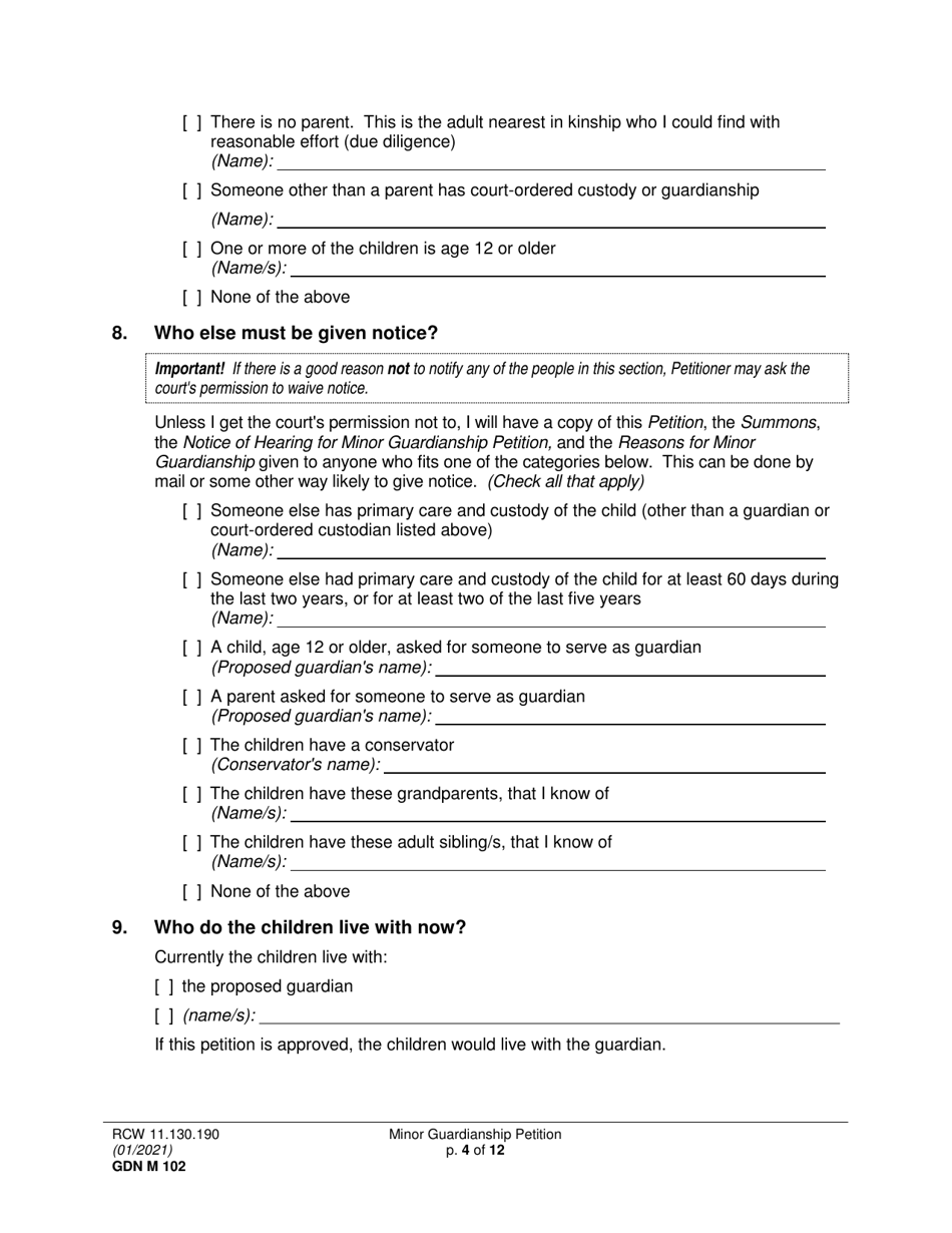 Form GDN M102 Minor Guardianship Petition - Washington, Page 4