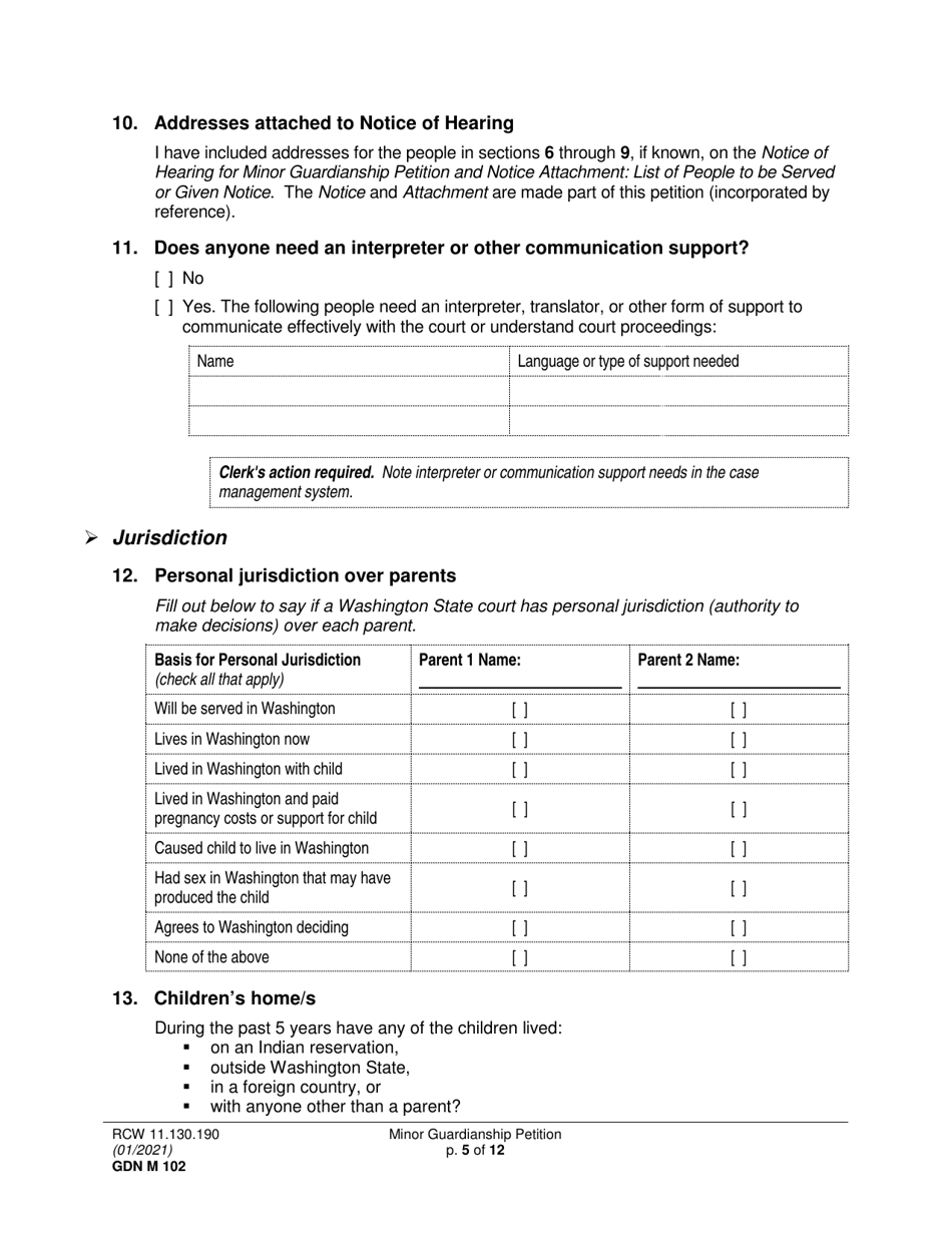 Form GDN M102 Minor Guardianship Petition - Washington, Page 5