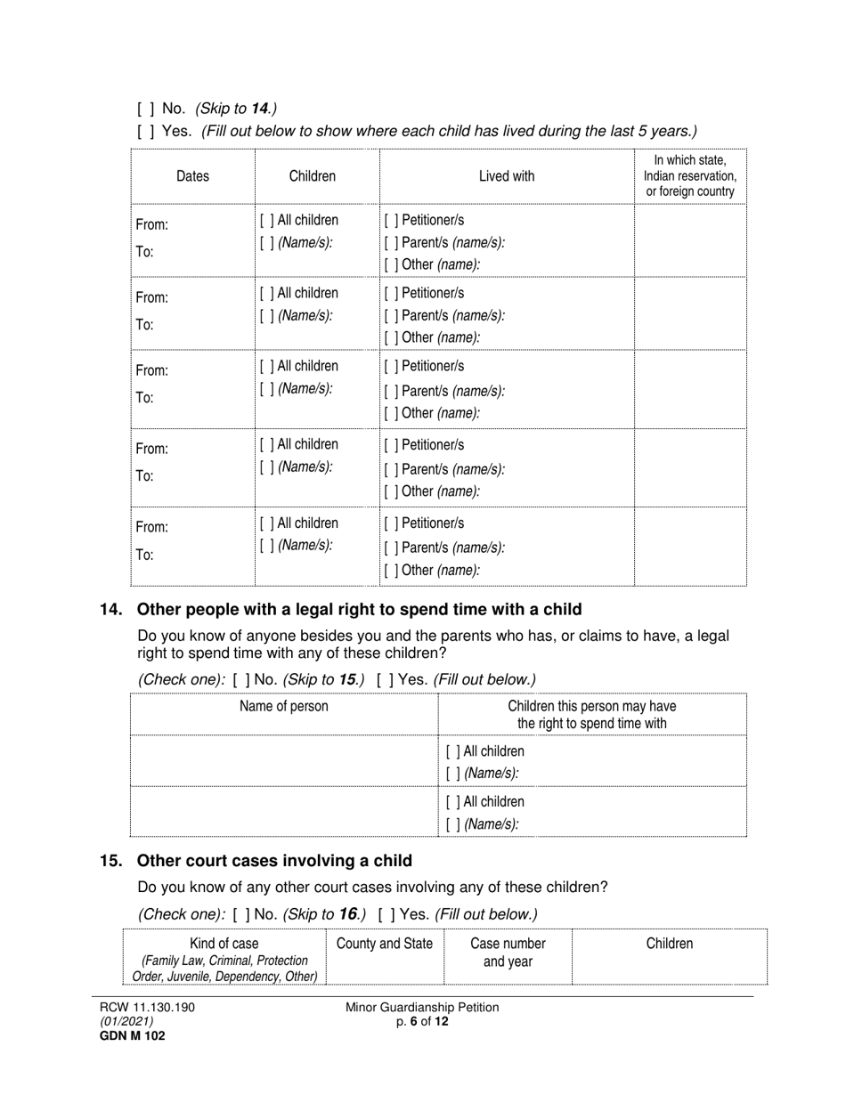 Form GDN M102 Minor Guardianship Petition - Washington, Page 6