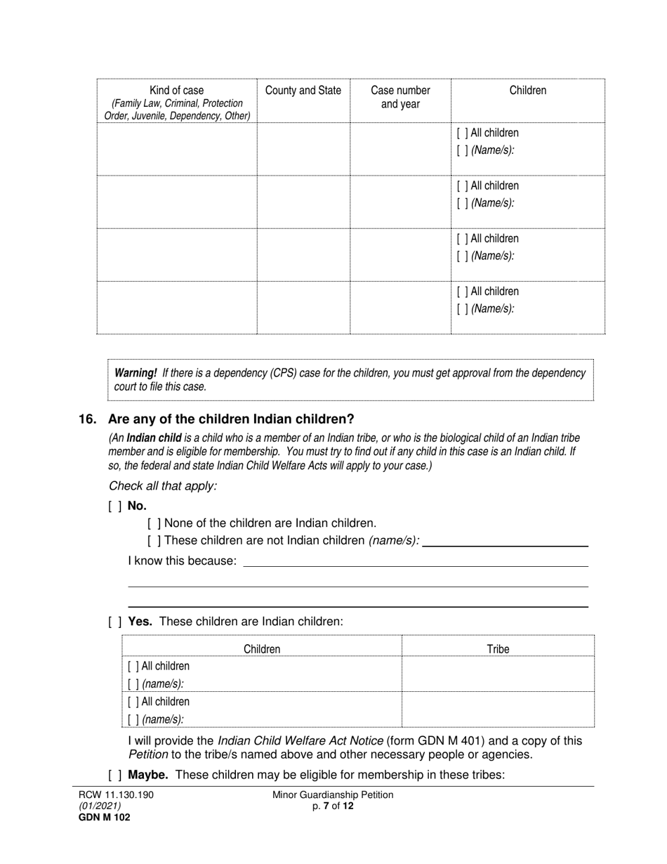 Form GDN M102 Minor Guardianship Petition - Washington, Page 7