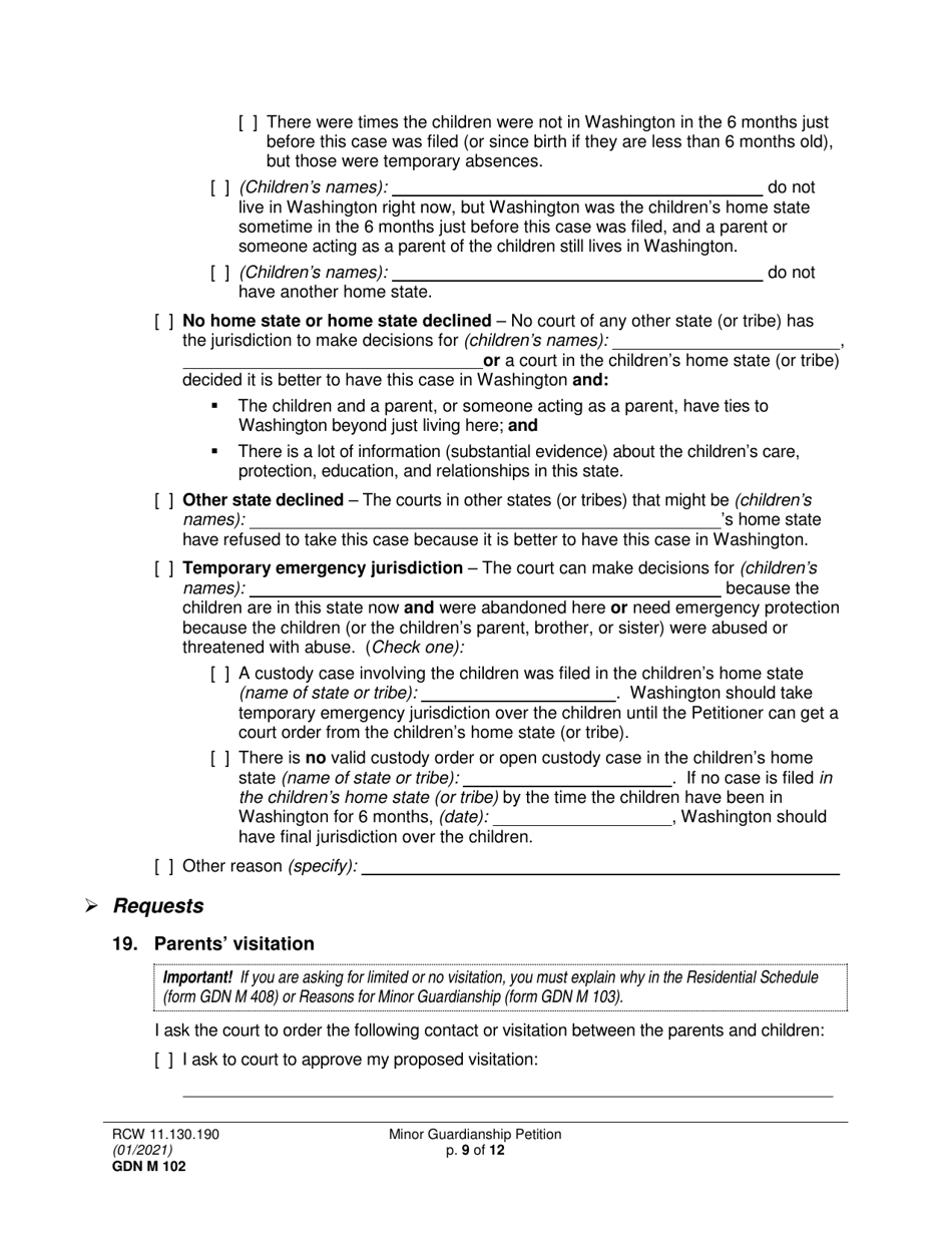 Form GDN M102 Minor Guardianship Petition - Washington, Page 9